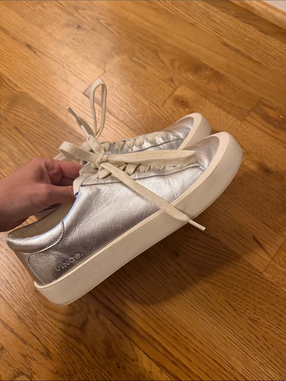 Vince Metallic Silver Leather Platform Sneakers with Cream Laces